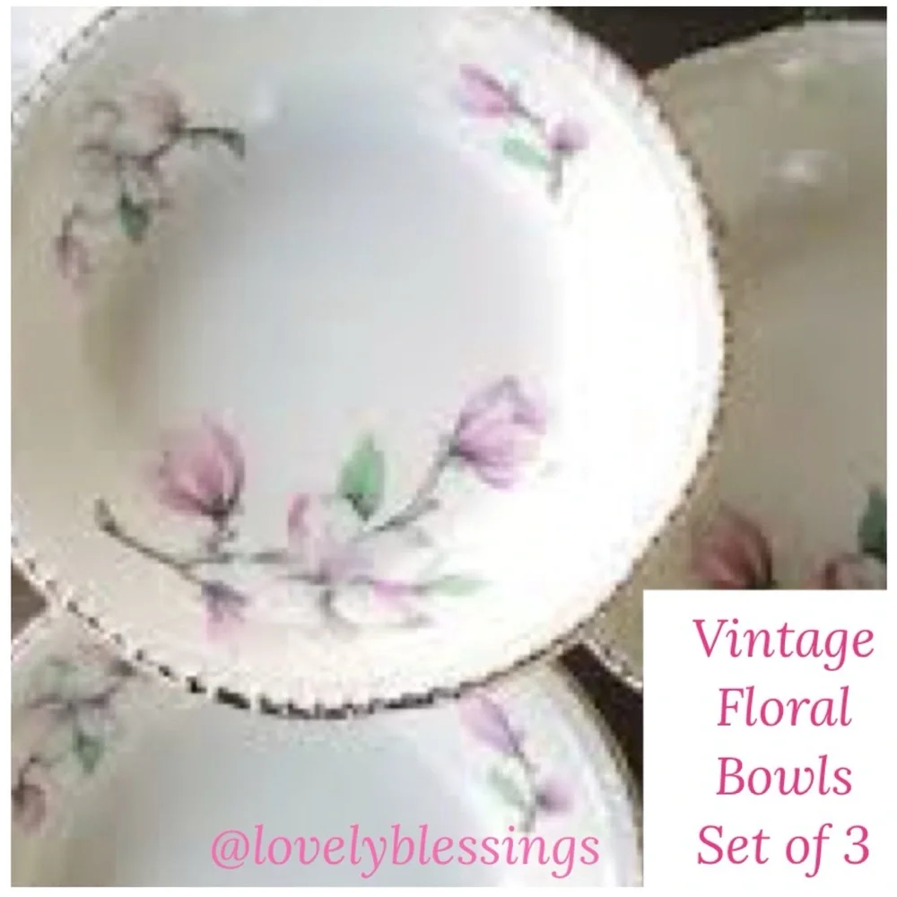 Vintage Pink Floral Bowls Homer Laughlin Dogwood Gold Trim Fine China 3 Pc Set